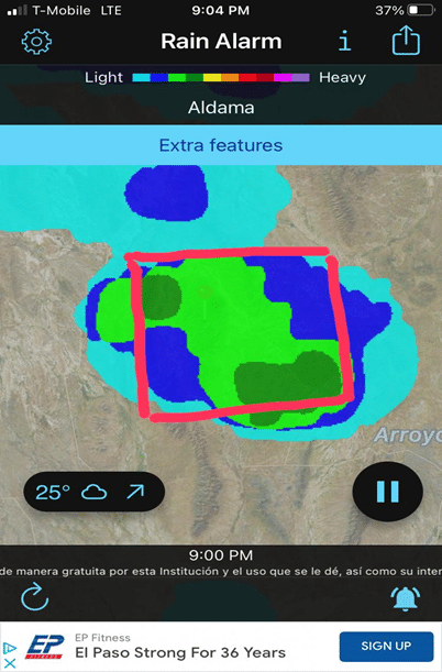 Picture 1.  Radar Image Showing Rain Over the Las Damas Ranch.  